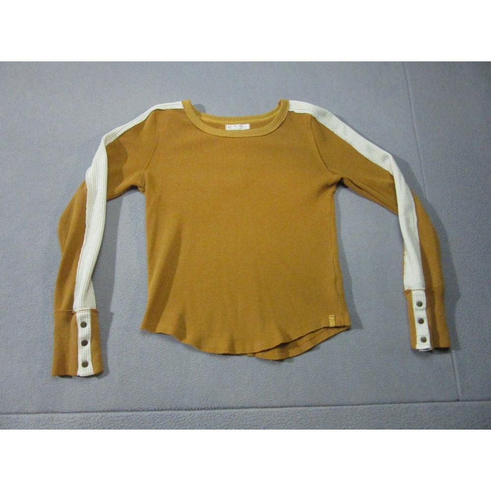 We The Free People Top Womens Large Mustard Yellow Snap Cuff Beige Trim Stretch